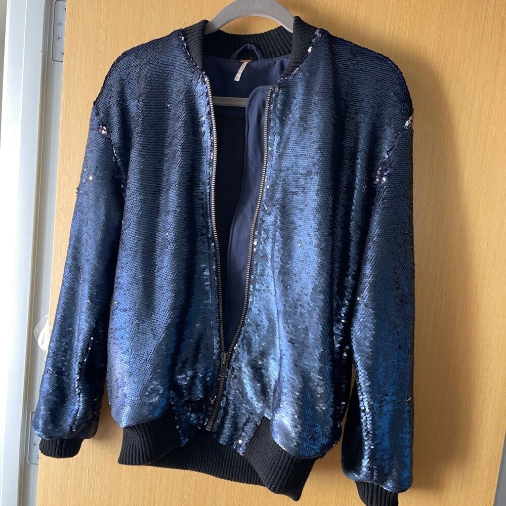 Free People Womens Jacket Size XS Blue Sequin Bomber Full Zip Pockets Casual